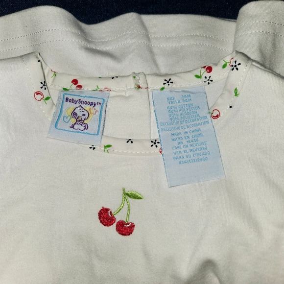 Vintage Baby Peanuts Snoopy & Woodstock Cherry Denim Dress Overalls Outfit 24 Mo - Picture 9 of 12